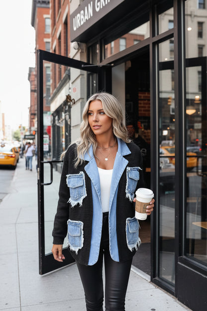 Raw Hem Denim Pocket Patchwork Cardigan