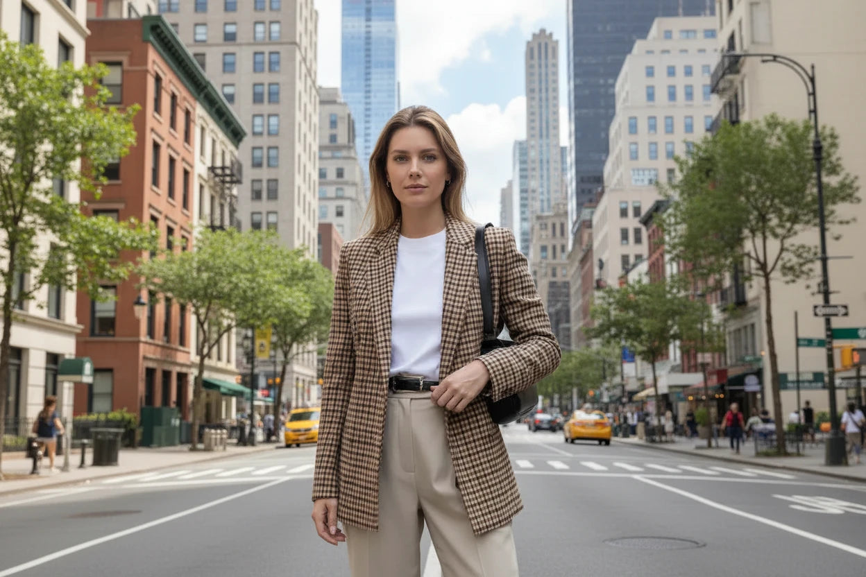 Plaid Double-Breasted Long Sleeve Blazer
